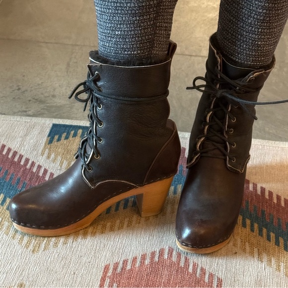 No.6 Clog Shearling Lined Lace Up Boot Sz 39 Black & Brown Natural Base 3” heel - Picture 14 of 16
